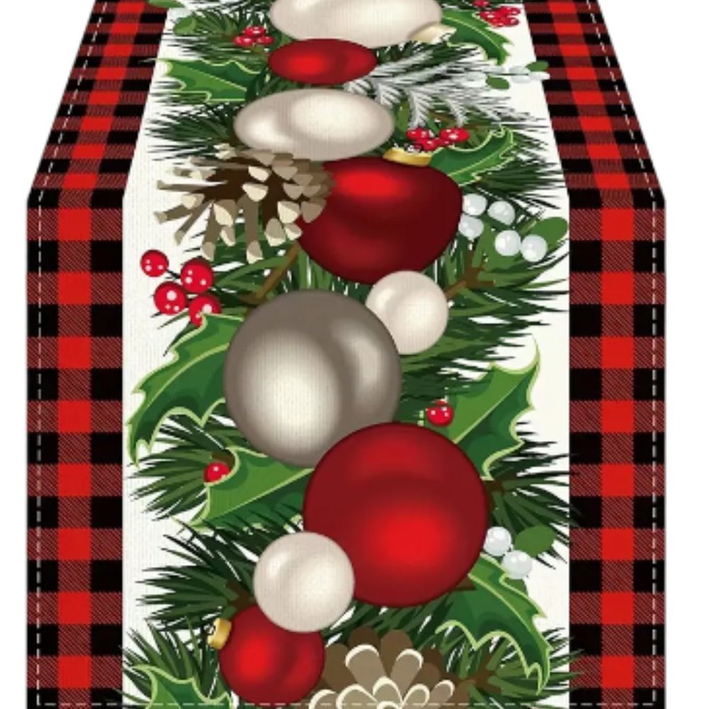 Christmas Table Runner, Red And Black Buffalo Check Plaid Pine Cone